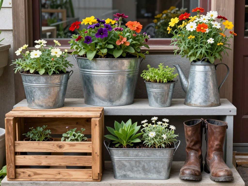 Creative container garden using repurposed items like wooden crates and old buckets