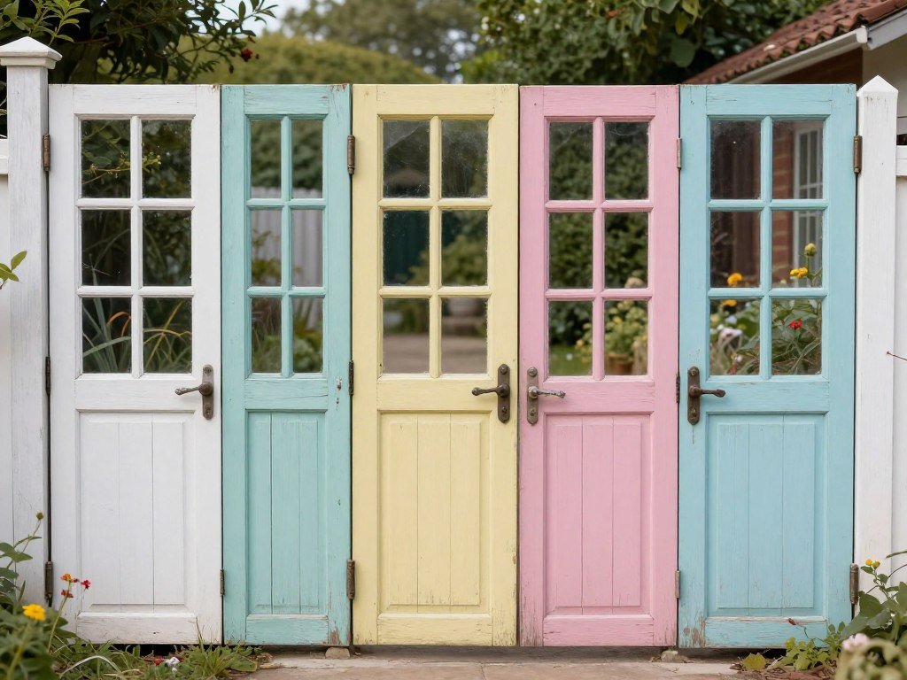 Creative privacy fence made from repurposed old doors and windows