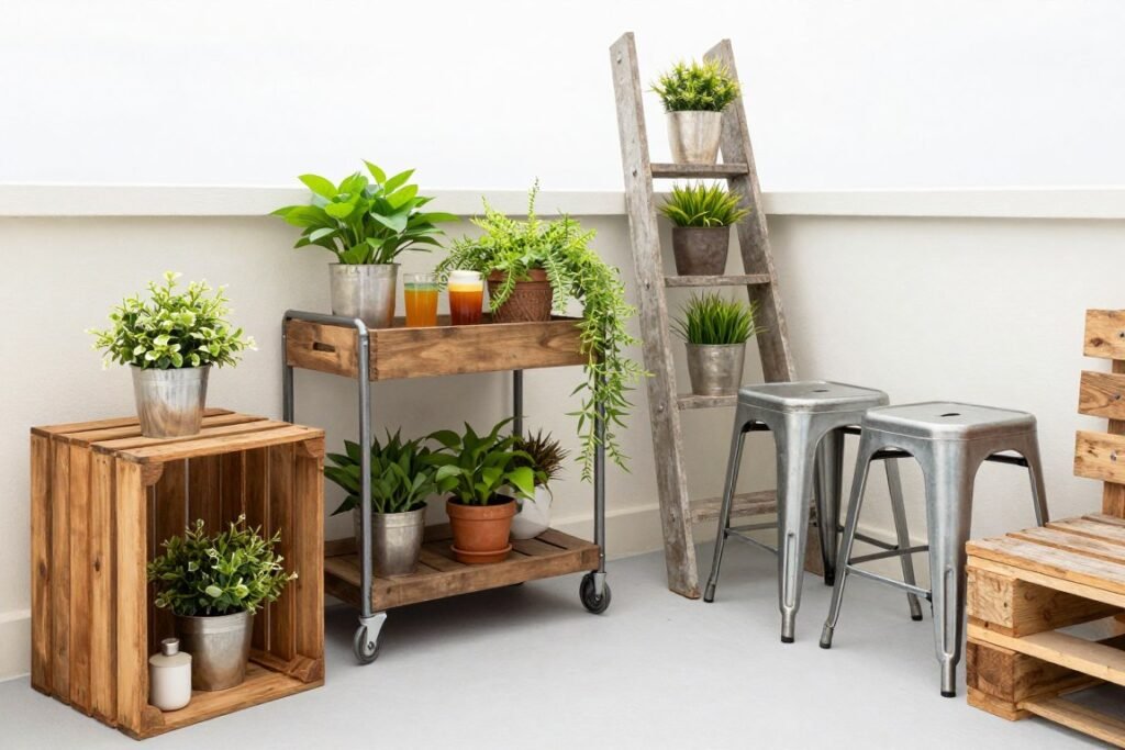 Creative repurposed items used as balcony furniture