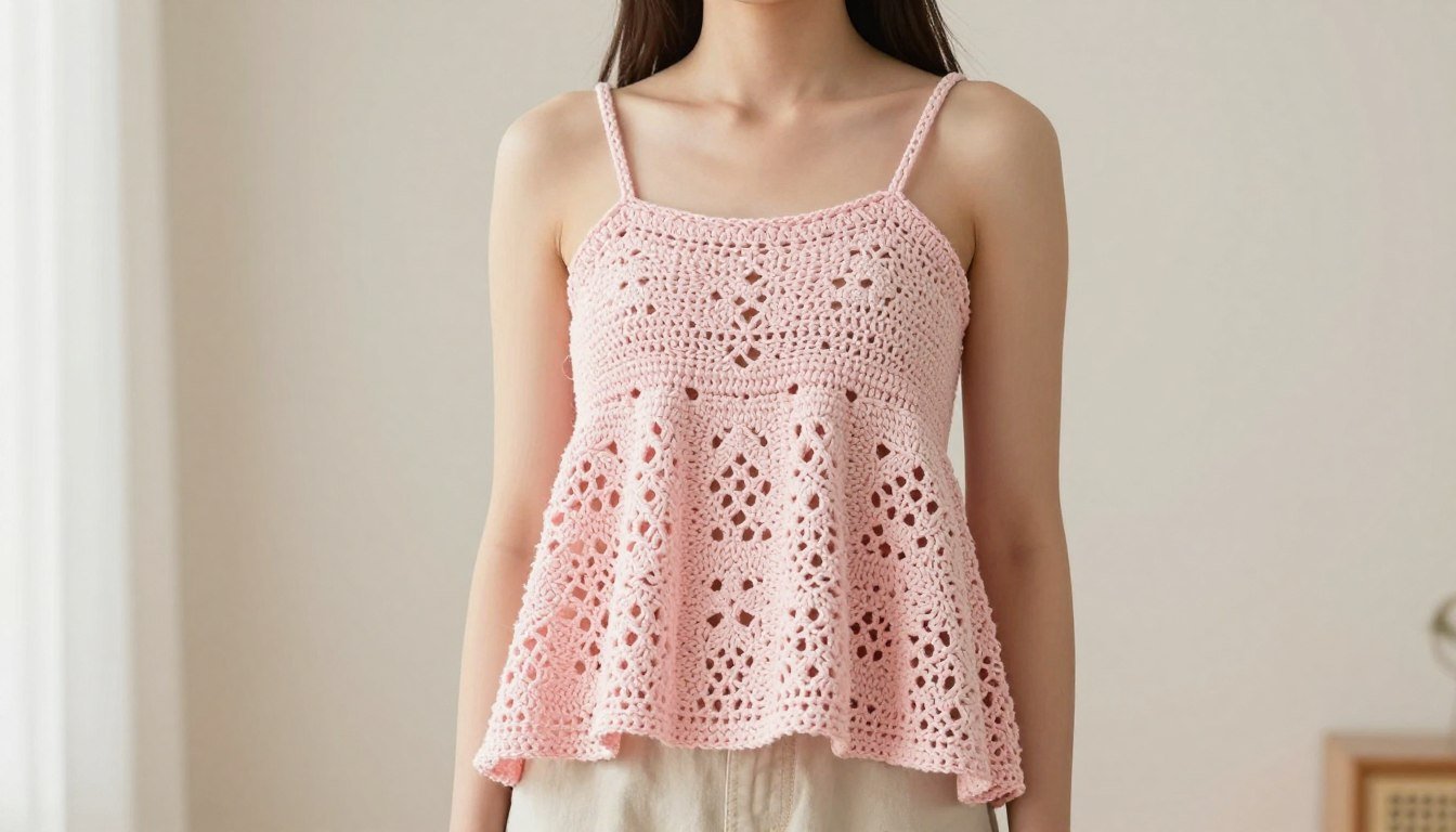 Crochet babydoll top in pastel pink worn by model against neutral background