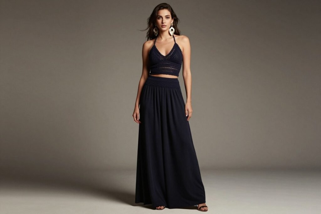 Crochet babydoll top styled for evening wear with a maxi skirt and statement jewelry