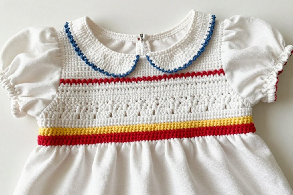 Crochet babydoll top with custom sleeve additions and decorative edging