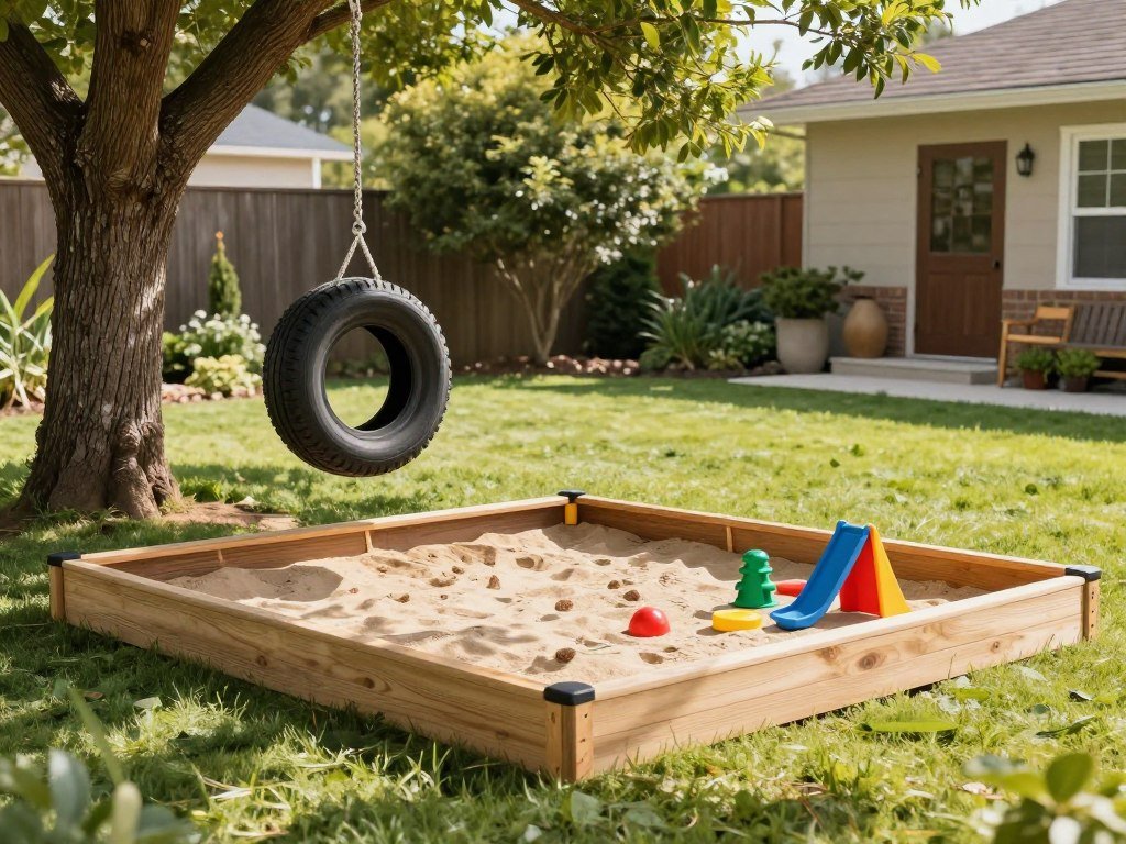 DIY backyard play area with tire swing and sandbox