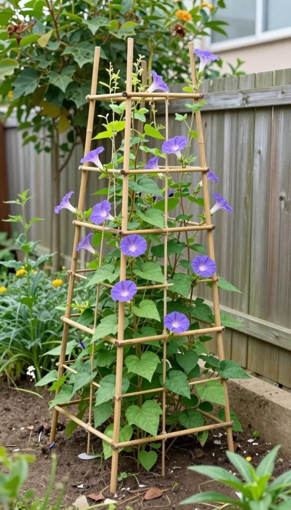 DIY bamboo trellis with climbing plants in a small backyard garden