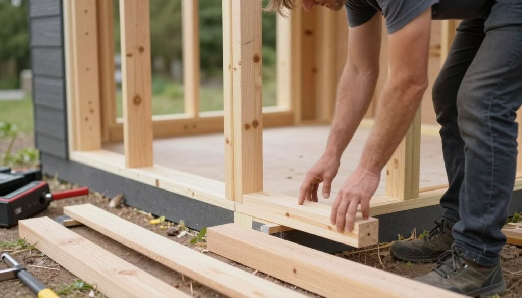 DIY cabin builder working on framing a small cabin structure
