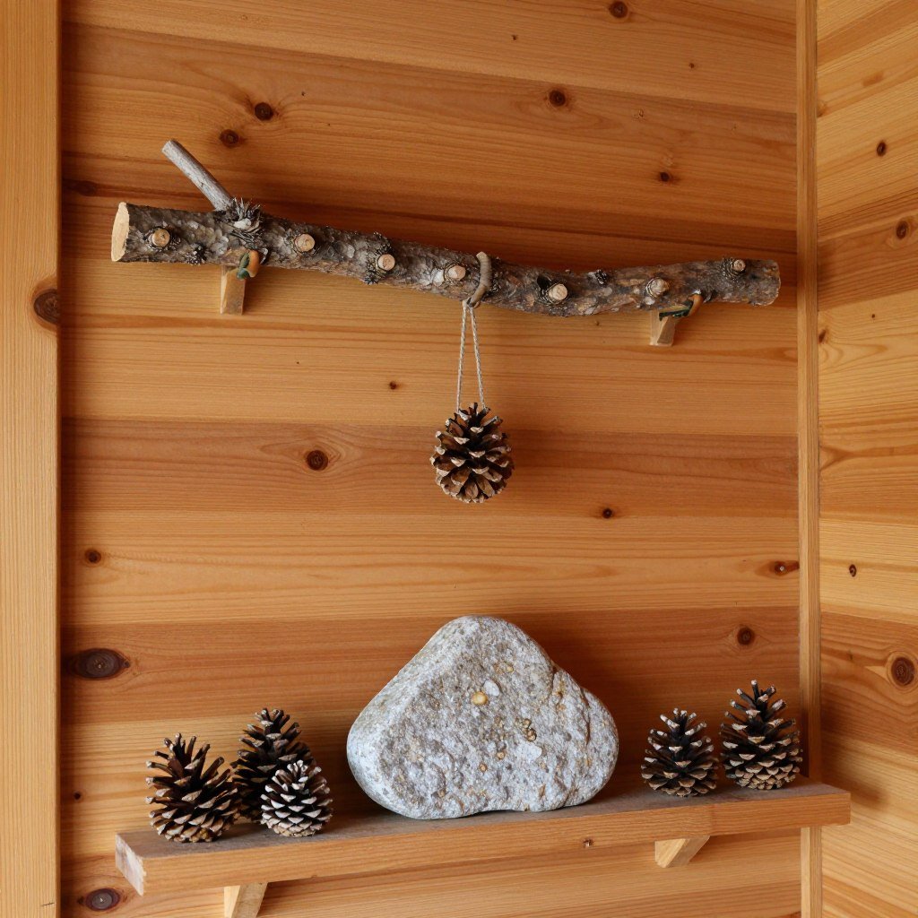 DIY cabin decor using natural elements like branches, stones, and pinecones