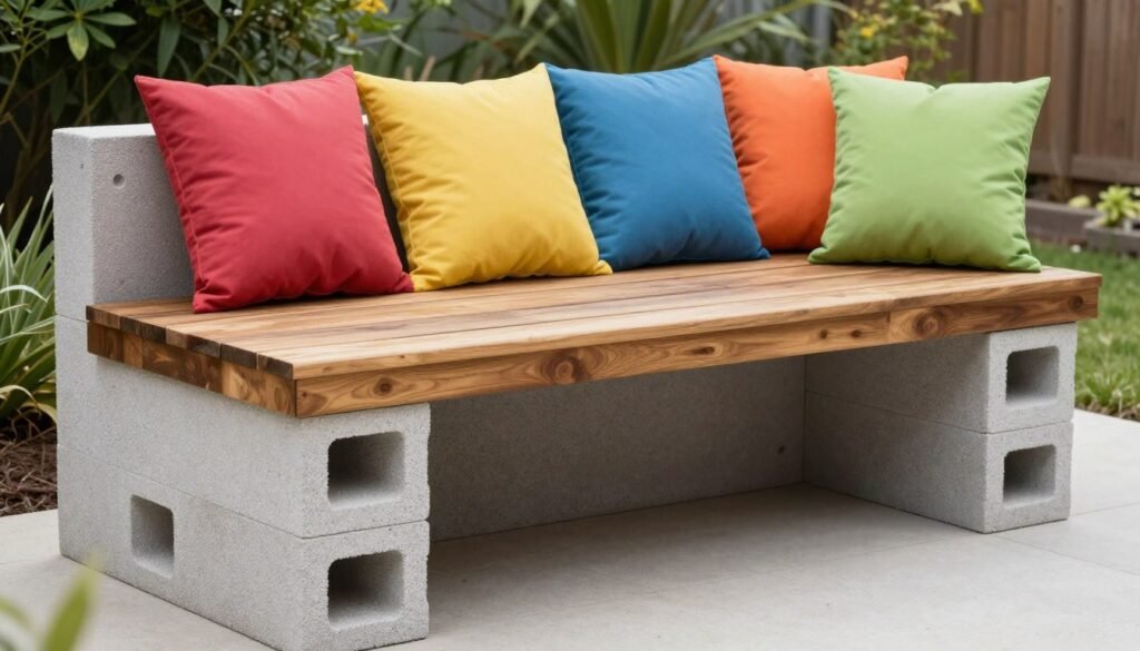 DIY cinder block bench with wooden seat and colorful cushions