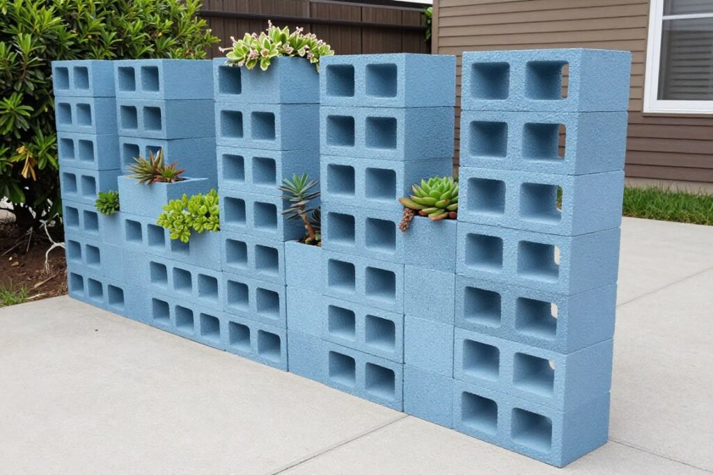 DIY cinder block planter wall creating privacy on a budget patio