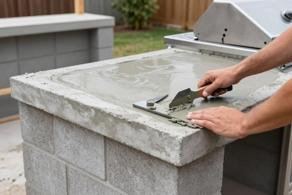DIY concrete countertop being installed on an outdoor grill area frame