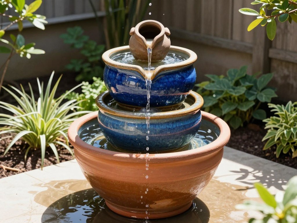 DIY container fountain made from ceramic pots, easy backyard ideas on a budget