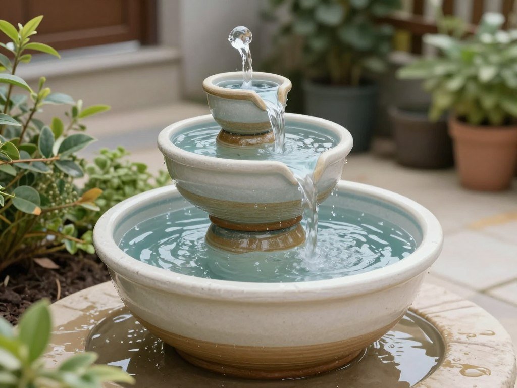 DIY container fountain made from ceramic pots in a backyard setting