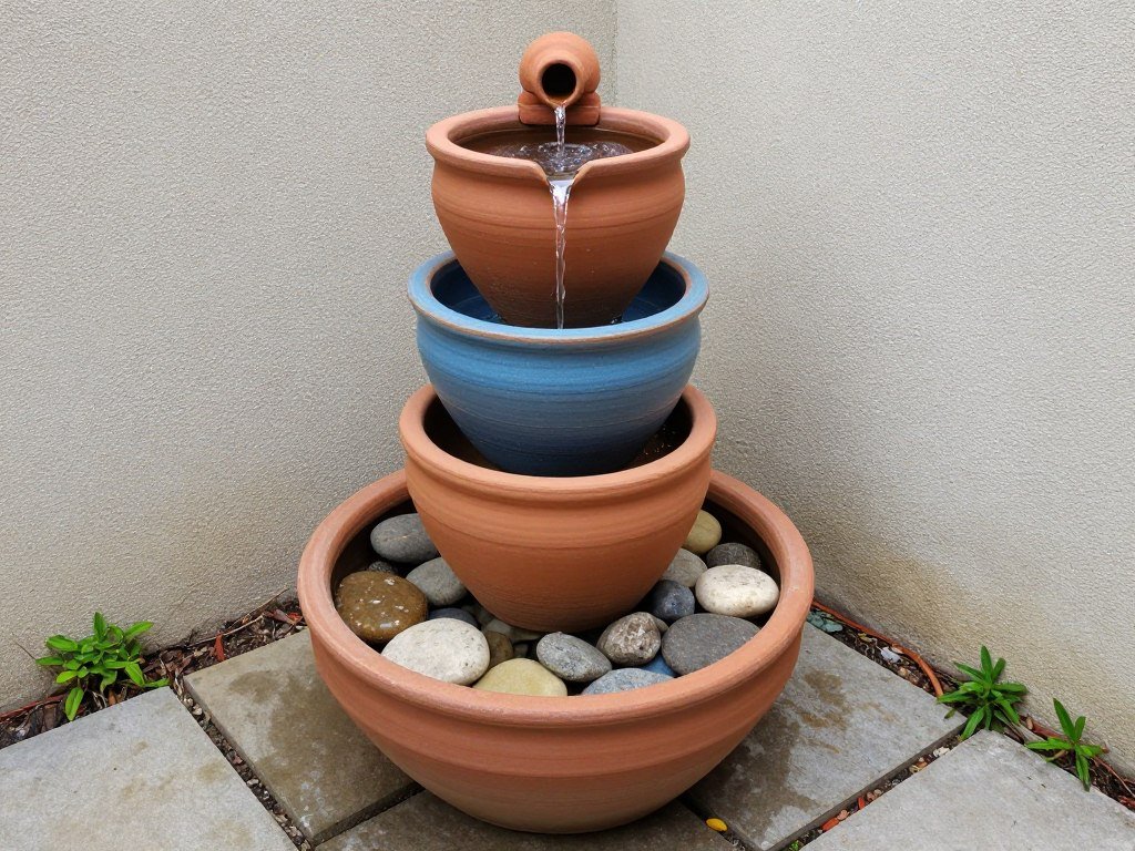 DIY container fountain made from stacked ceramic pots in a small backyard corner