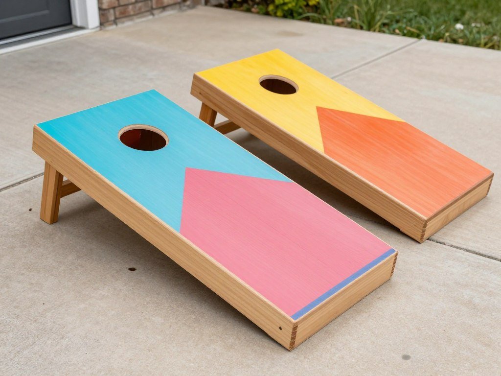DIY cornhole boards with bean bags in backyard
