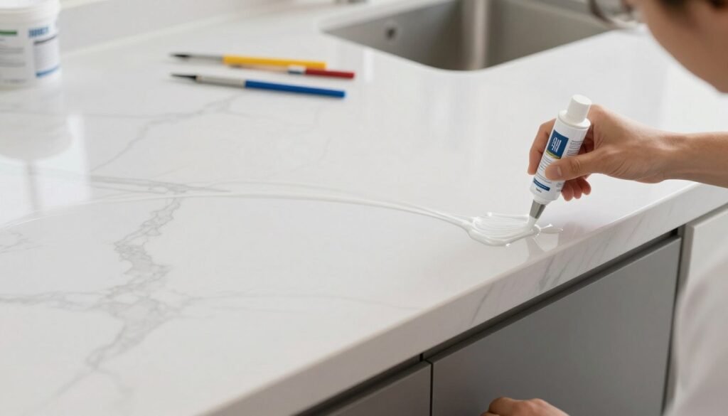 DIY countertop refinishing project showing application of epoxy countertop coating