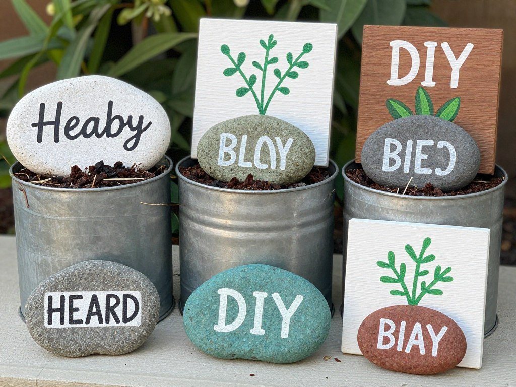 DIY decorative elements for outdoor grill area including painted rocks as labels and repurposed containers