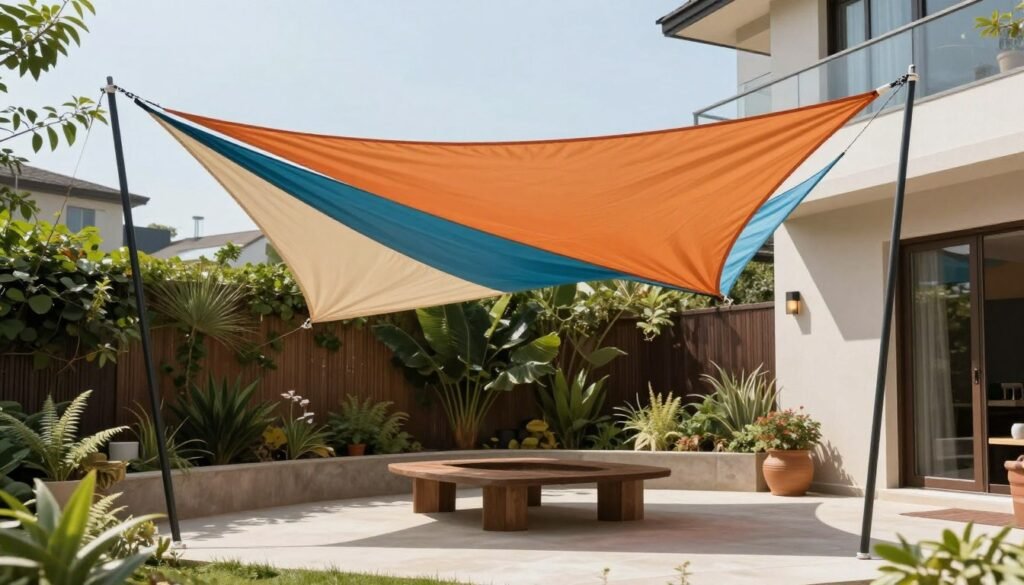 DIY fabric shade sail providing shade on a budget patio