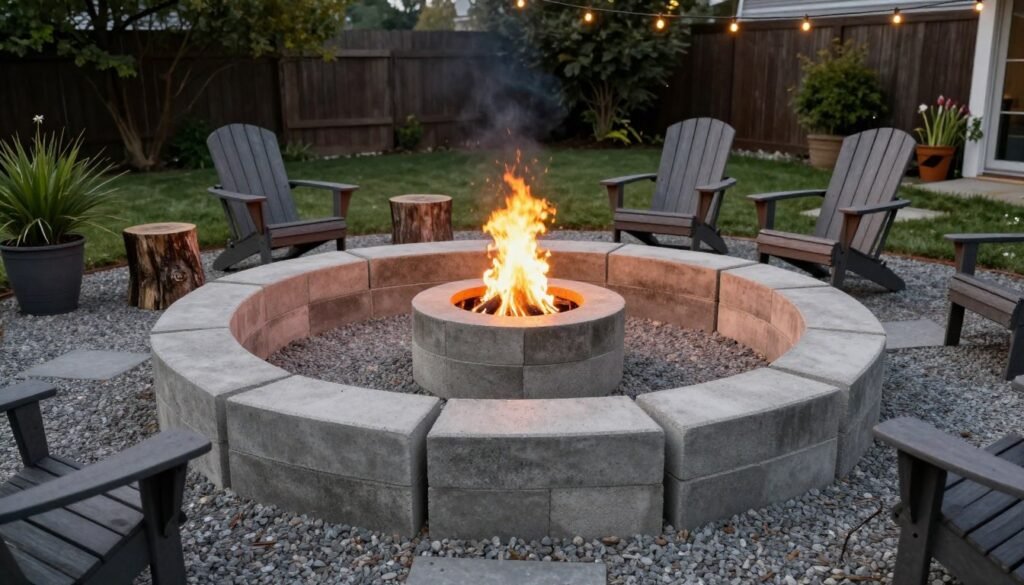 DIY fire pit made from concrete blocks on a budget patio with simple seating