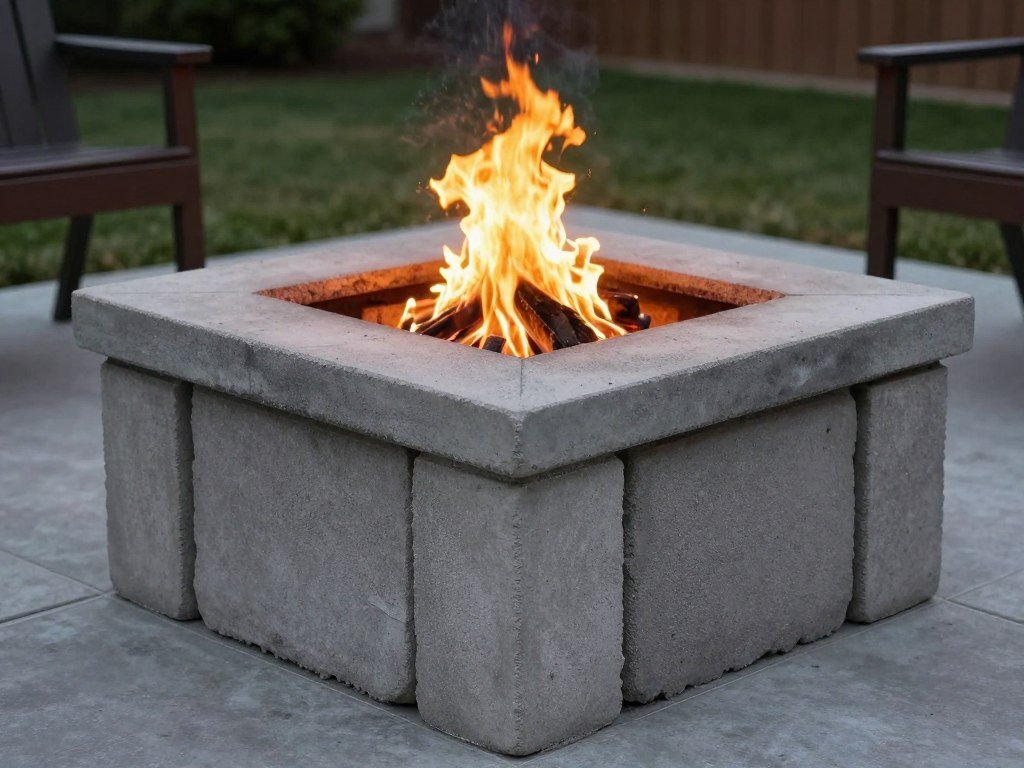 DIY fire pit made from concrete blocks on a budget patio