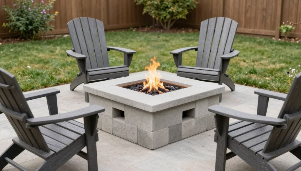 DIY fire pit made from inexpensive concrete blocks surrounded by budget-friendly outdoor seating
