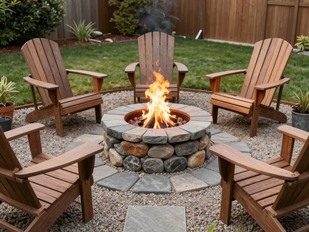 DIY fire pit made from pavers with Adirondack chairs around it