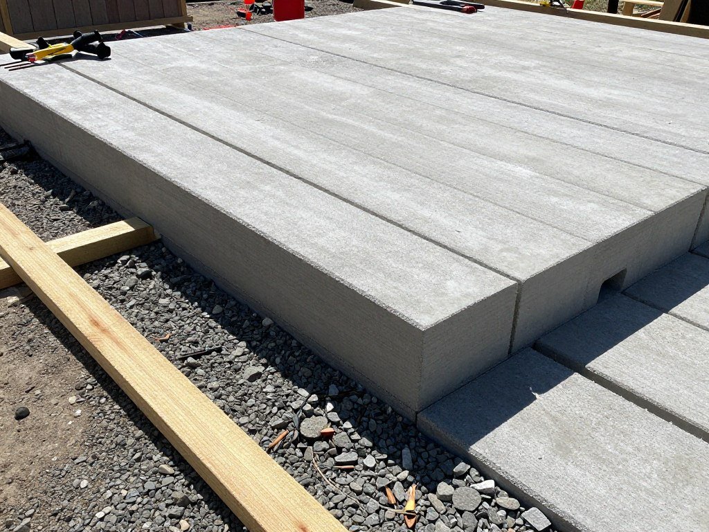 DIY floating platform deck construction process showing foundation blocks