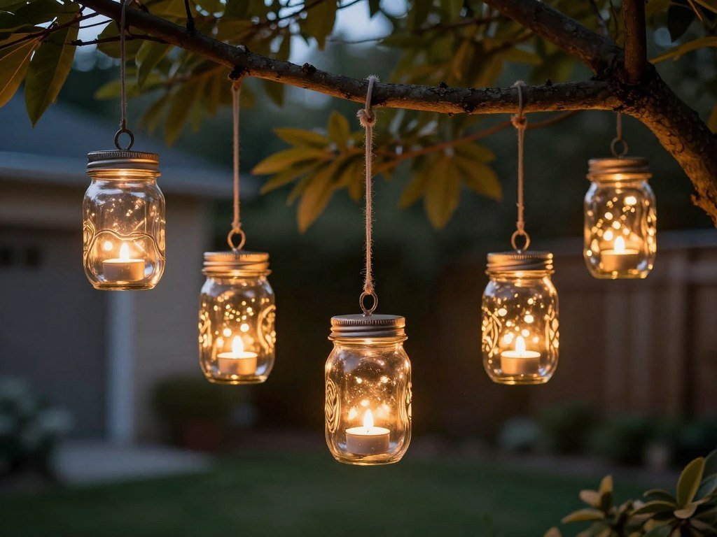 DIY mason jar lanterns hanging from tree branches