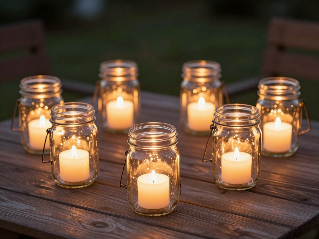 DIY mason jar lanterns with tea lights on a patio table