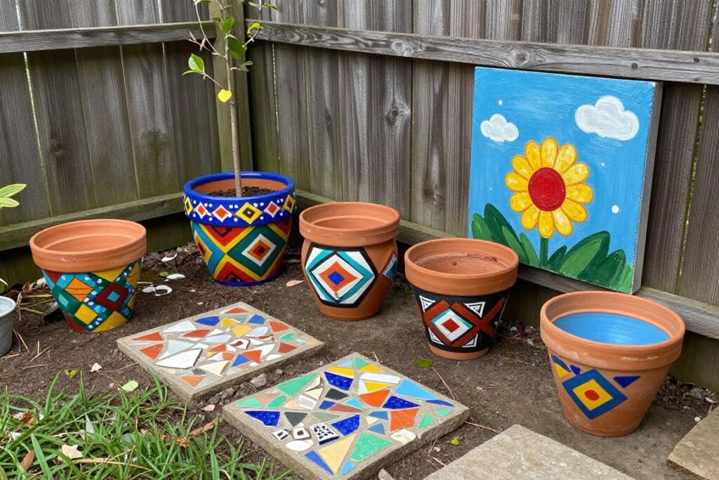 DIY outdoor art including painted pots and mosaic stepping stones in a small backyard