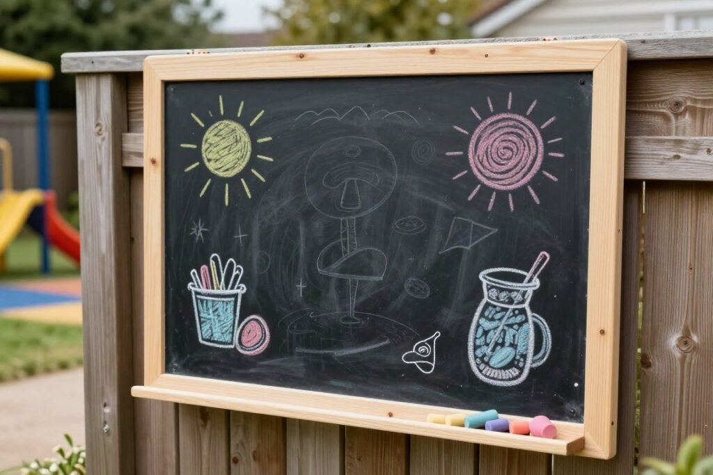 DIY outdoor chalkboard mounted on fence