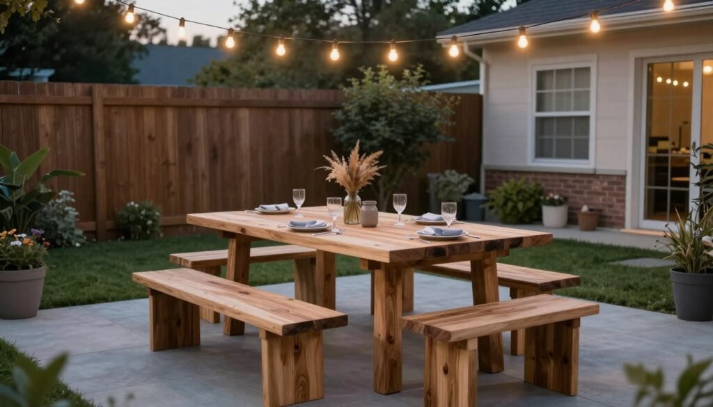 DIY outdoor dining area with handmade table and string lights