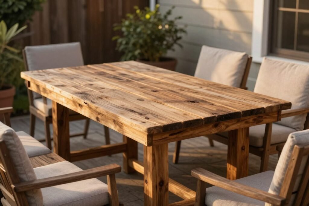 DIY outdoor dining table made from reclaimed wood on a budget patio