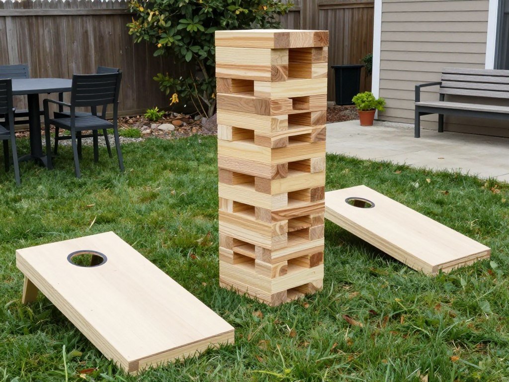 DIY outdoor games including giant Jenga and cornhole in a backyard setting