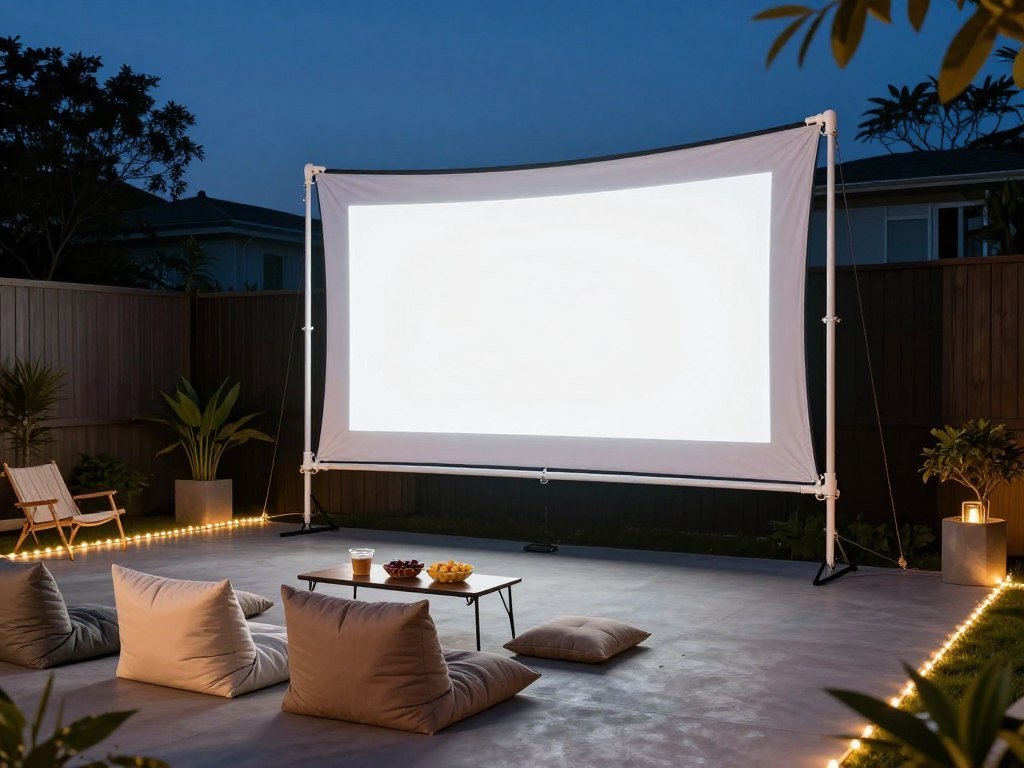 DIY outdoor movie screen setup on a budget patio with simple seating