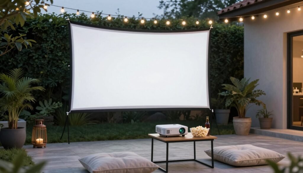 DIY outdoor movie setup on a budget patio with projector and screen