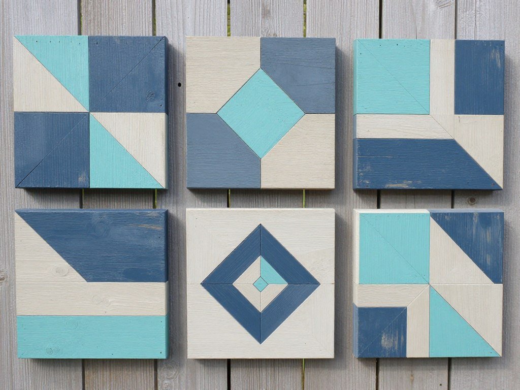DIY outdoor wall art made from painted wood in geometric patterns