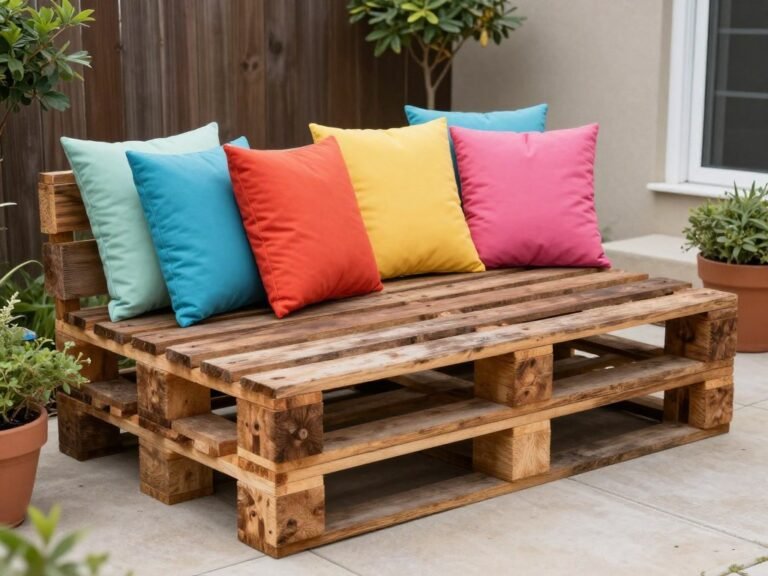 DIY pallet couch with colorful cushions in a backyard setting, easy backyard ideas on a budget