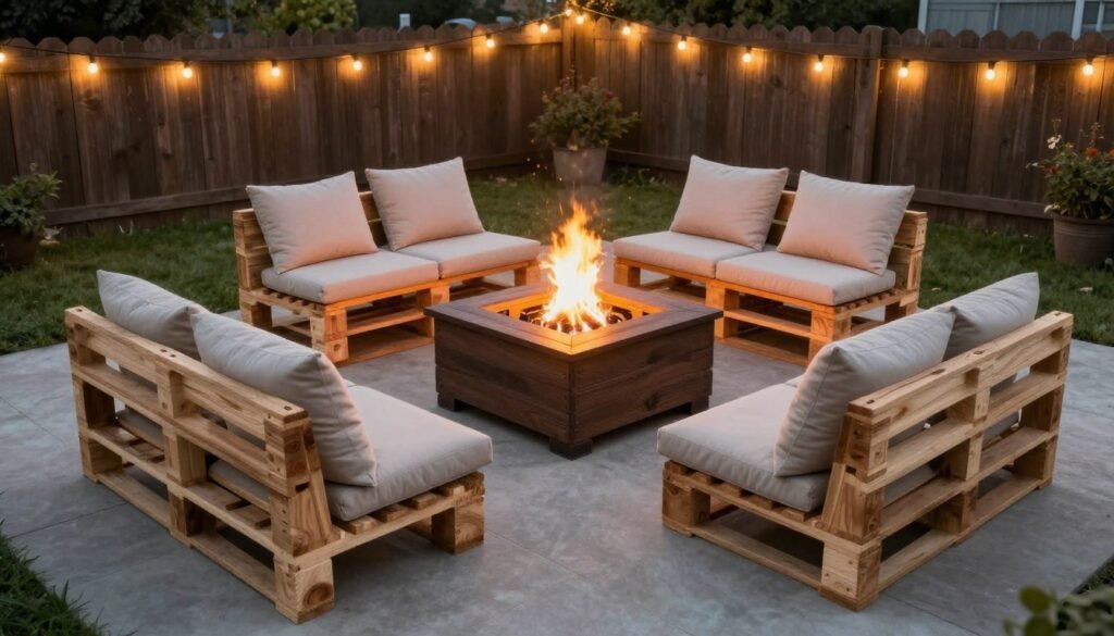 DIY pallet furniture arranged around a backyard fire pit