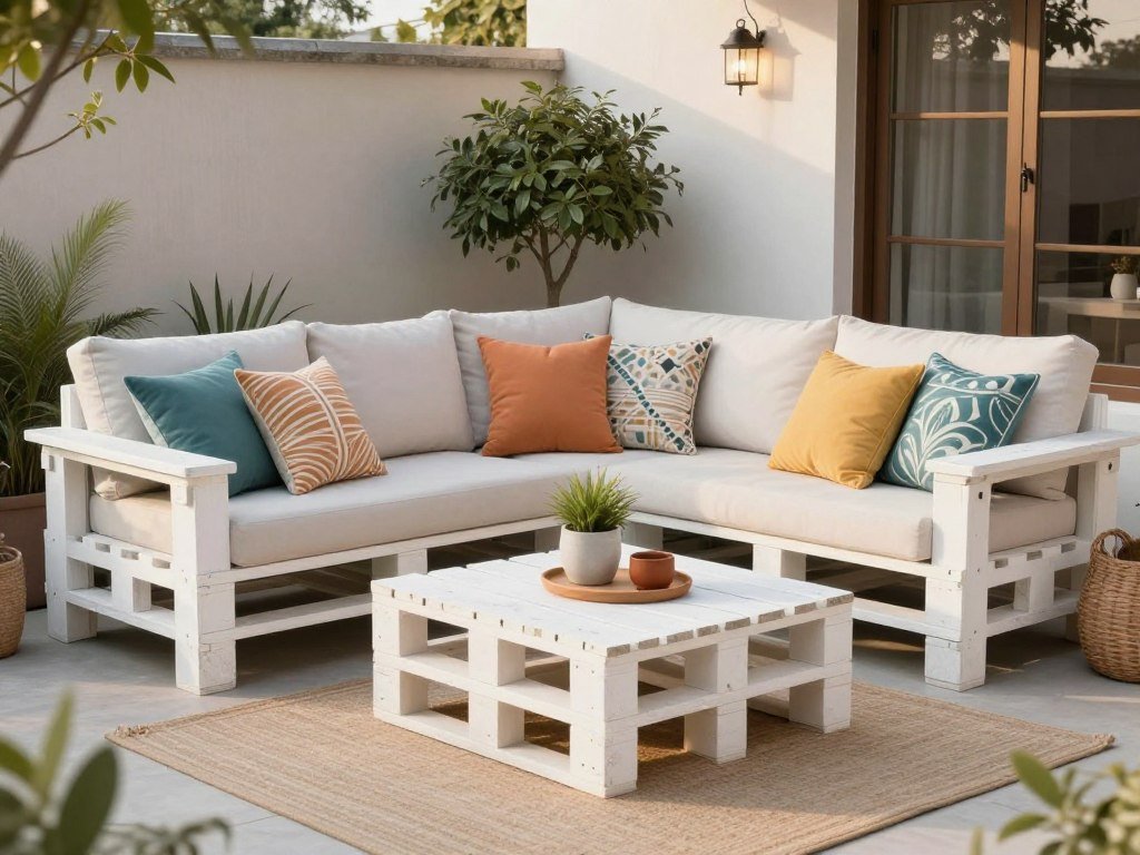 DIY pallet furniture on a budget-friendly patio with colorful cushions