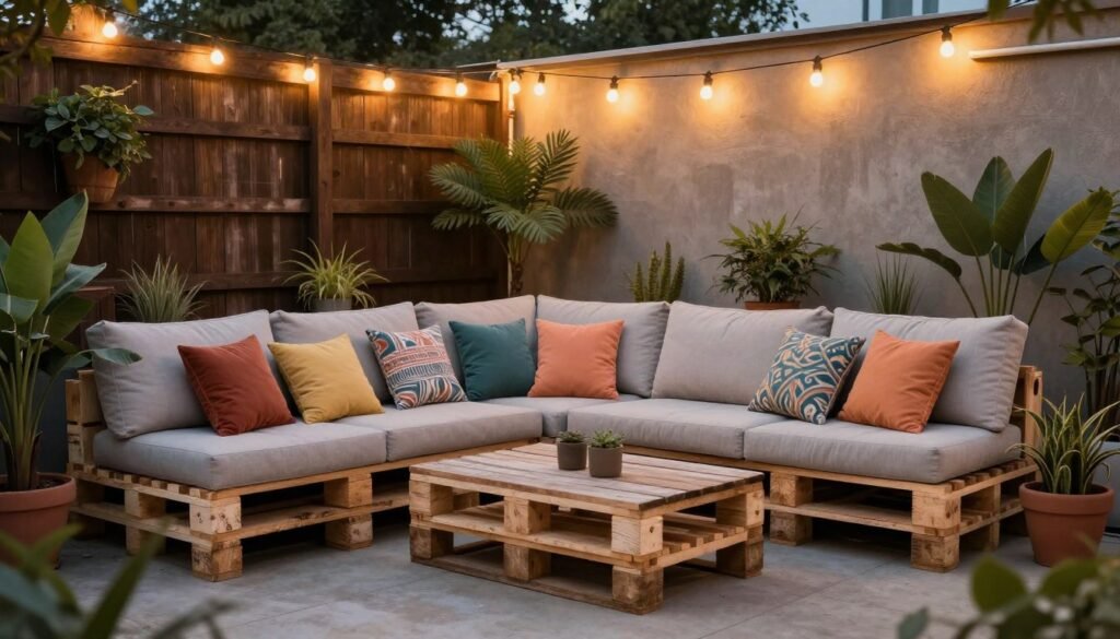 DIY pallet furniture on a budget patio with string lights