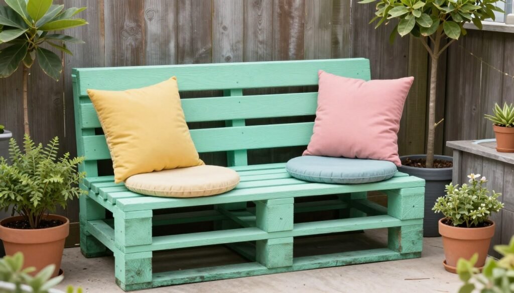 DIY pallet garden bench with colorful cushions in a small garden corner