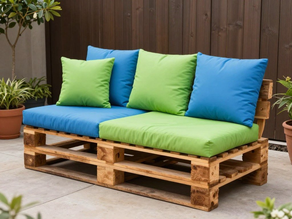 DIY pallet sofa with colorful cushions in a backyard setting