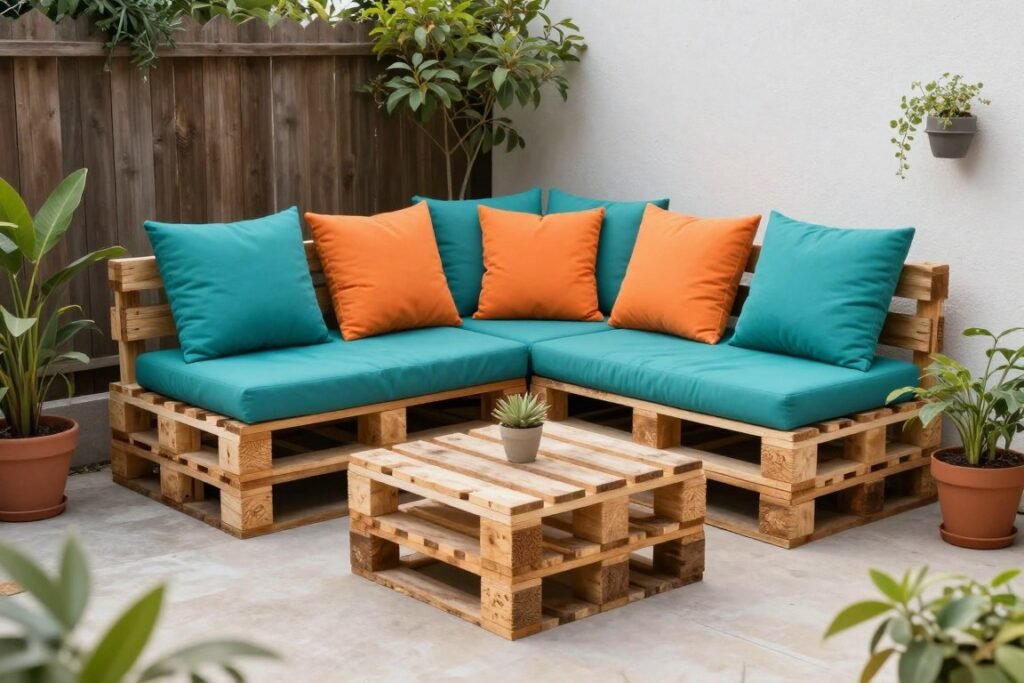 DIY pallet sofa with colorful cushions in a small backyard setting