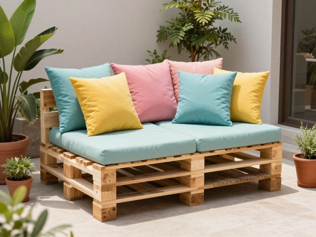 DIY pallet sofa with colorful cushions on a budget patio
