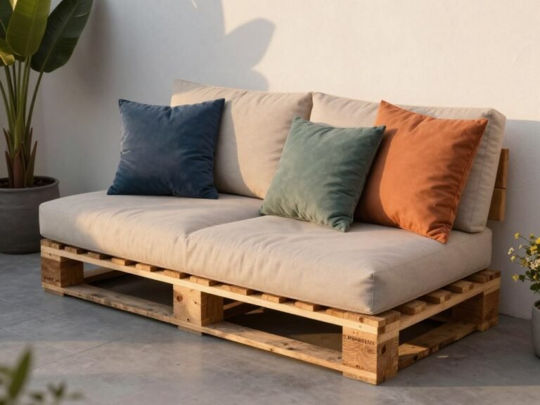 DIY pallet sofa with colorful cushions on a small back patio