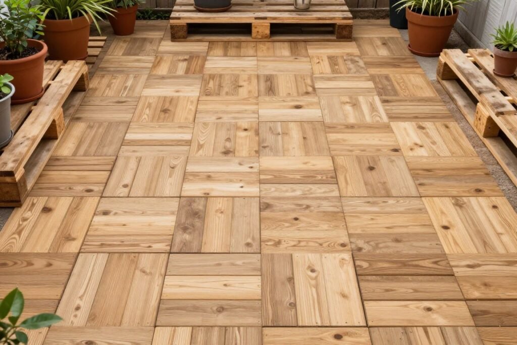 DIY pallet wood deck tiles arranged on a small patio