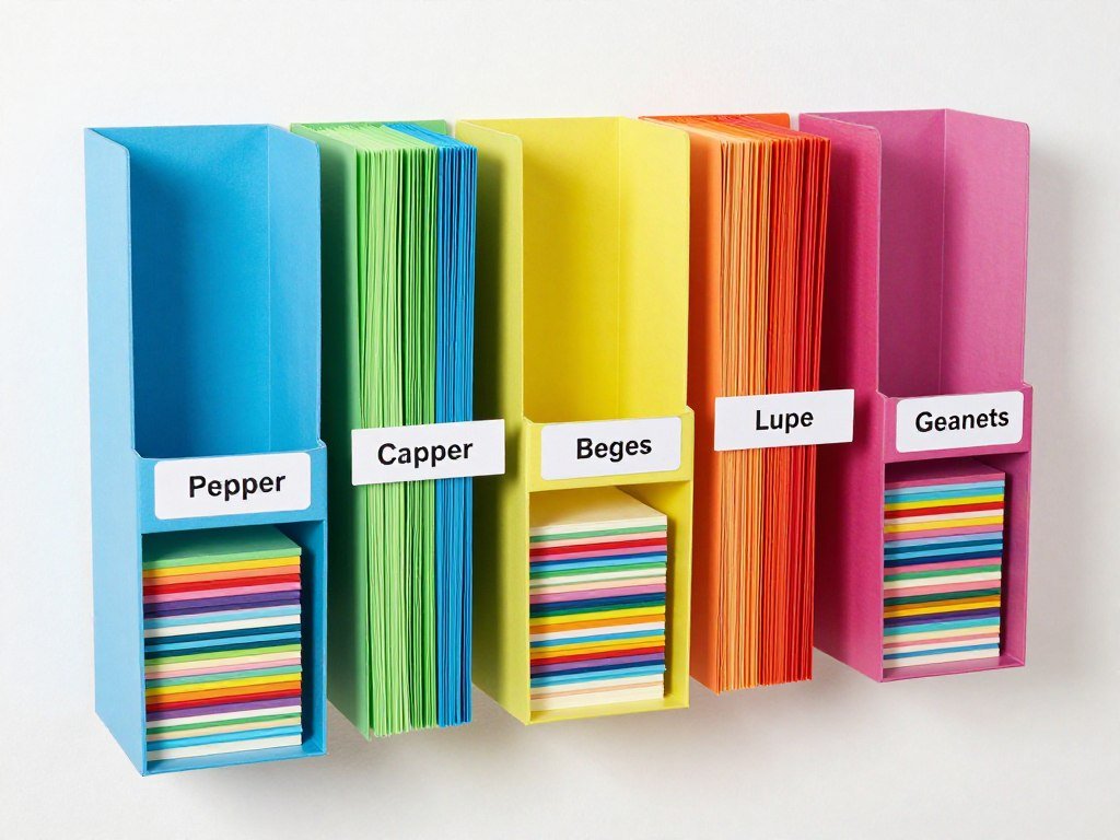 DIY paper storage system with vertical magazine holders sorted by color