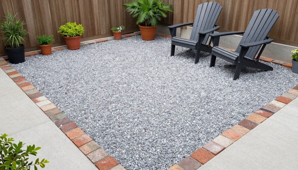 DIY pea gravel patio with brick border on a budget