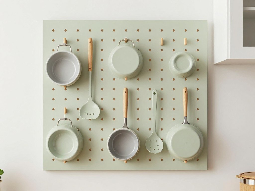 DIY pegboard wall organizer in a small kitchen