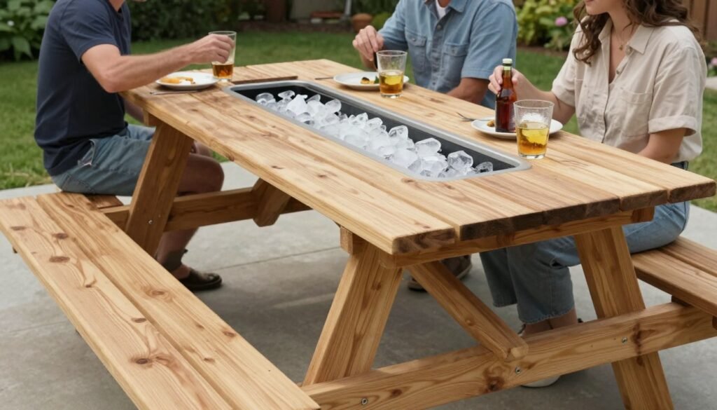DIY picnic table with built-in center cooler trough filled with ice and drinks, easy backyard ideas on a budget