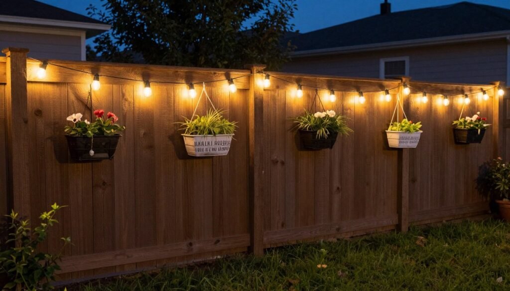 DIY privacy fence decorated with string lights, planters, and decorative elements